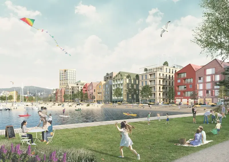 Illustration över ett nytt bostadsområde i centrala Örnsköldsvik vid vattnet.