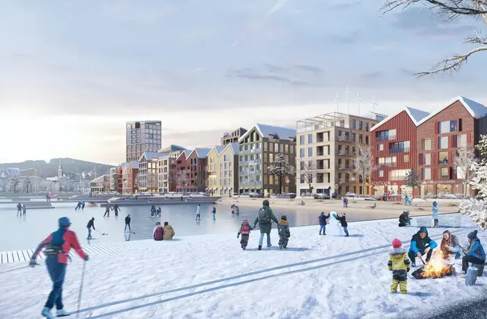 Illustration över ett bostadsområde vid vattnet med liv och rörelse vintertid.